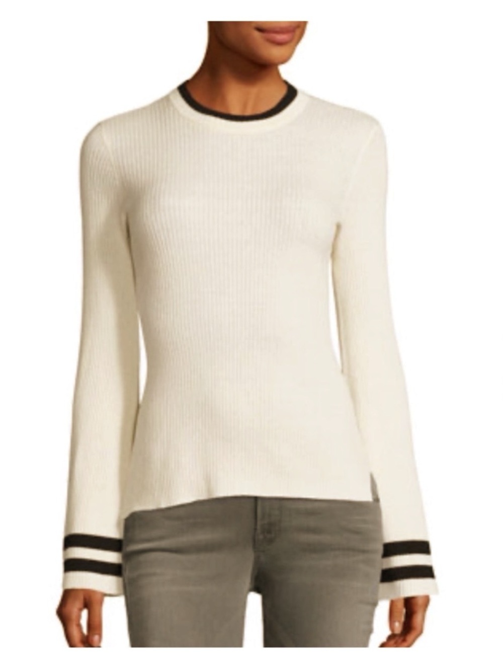 BOGO! Frame Ribbed Knit Bell Sleeve Sweater Wool Cotton Gray Navy Small